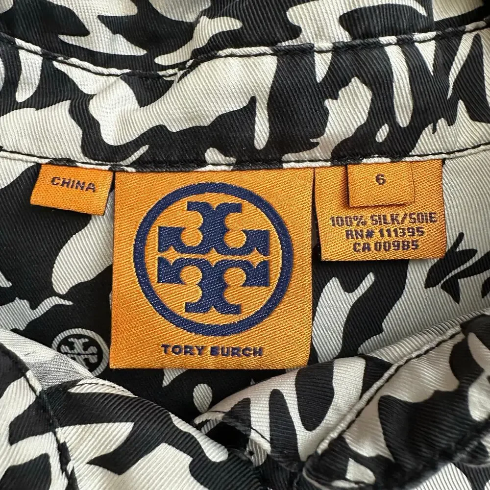Tory Burch Black & White 100% Silk Double T Logo Tunic Shirt Size 6